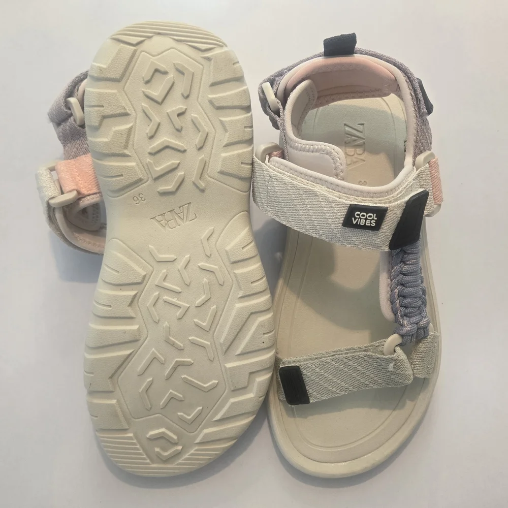 Zara Cream and Pale Pink Strap Sandals with Braided Detail - Picture 2 of 3